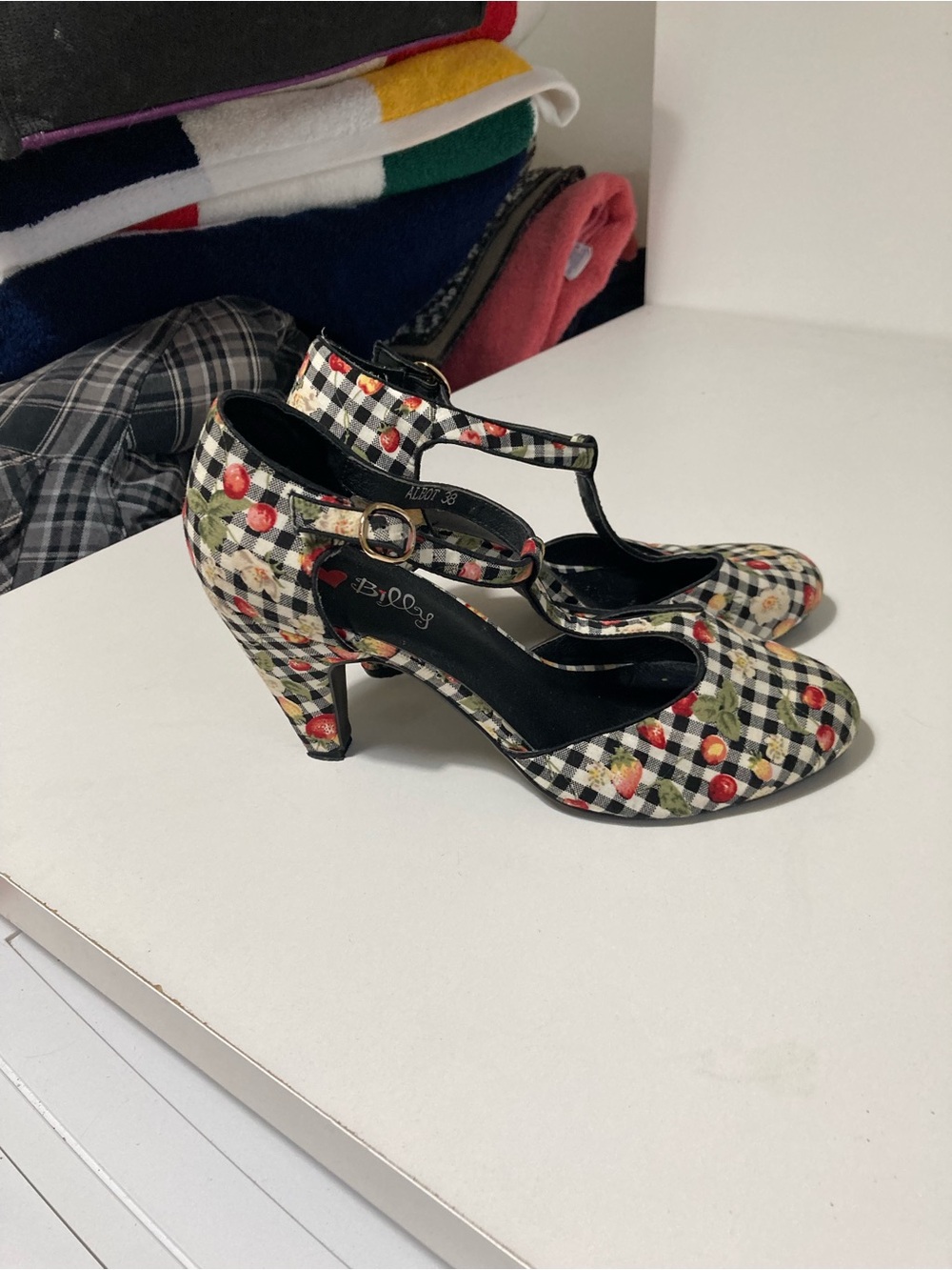 Billy T Strappy Heels in Black Plaid with Red Cherry Print